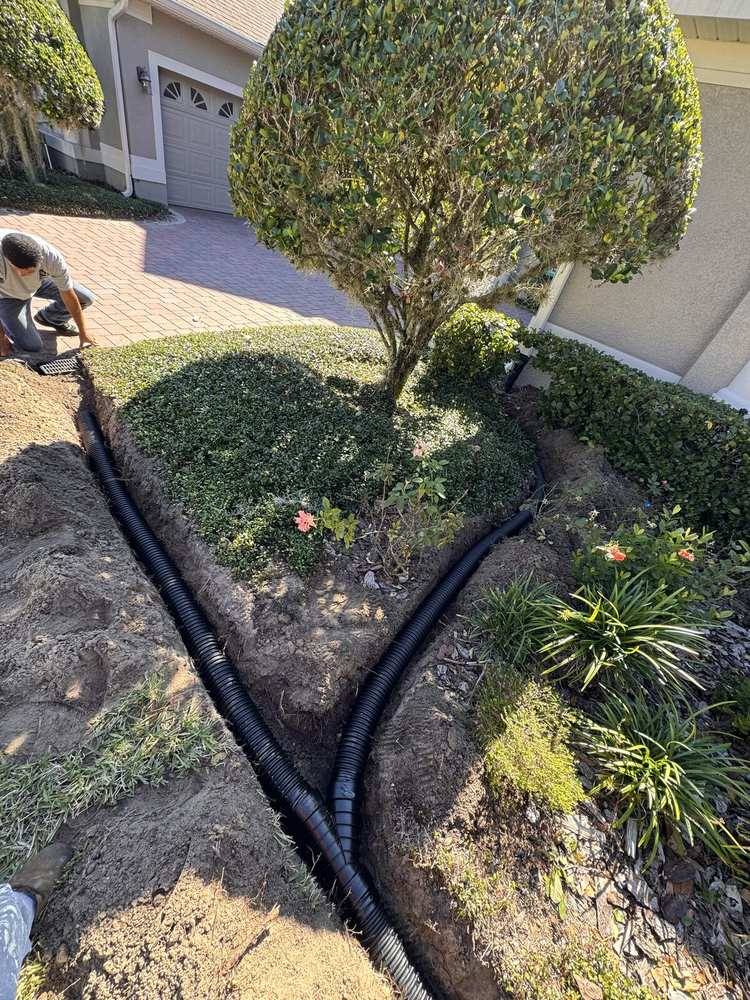 Two drain pipe runs converging around a manicured landscape island